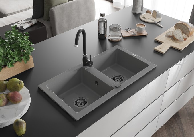 Éviers en granit à deux bacs gris