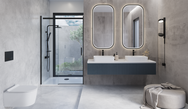 Salle de bain moderne avec deux vasques posées