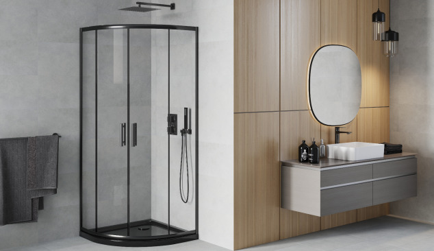 Cabine de douche noire semi-circulaire de style minimaliste