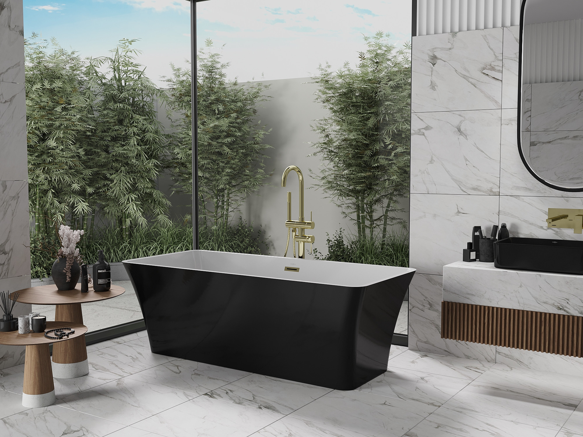 Combinaison du noir et de l'or dans une salle de bain en marbre