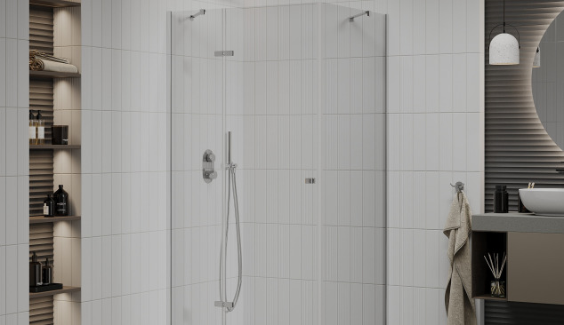 Salle de bain confortable : combinaison de murs beiges et de cabine de douche