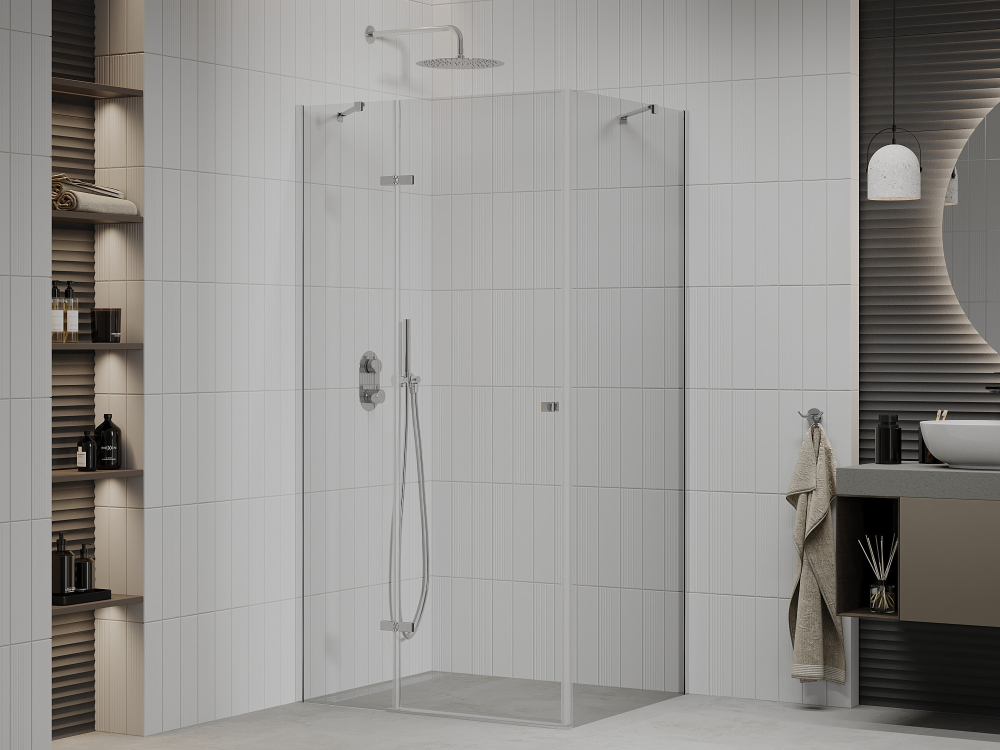 Salle de bain confortable : combinaison de murs beiges et de cabine de douche