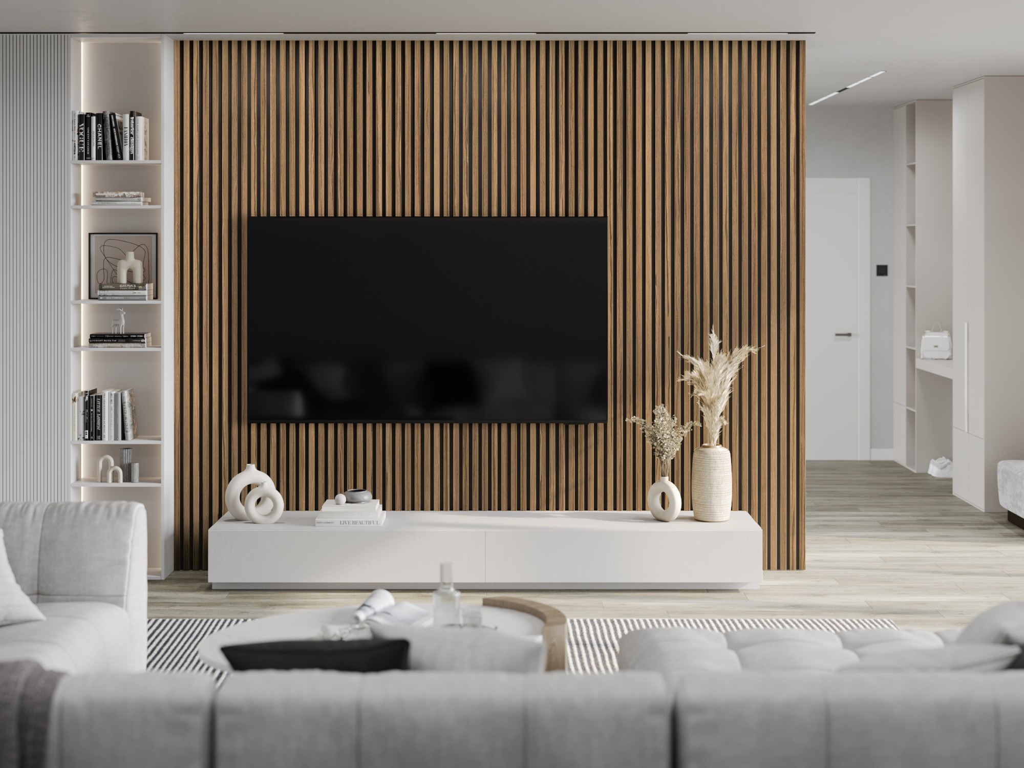 Living Room with Slats on the Wall