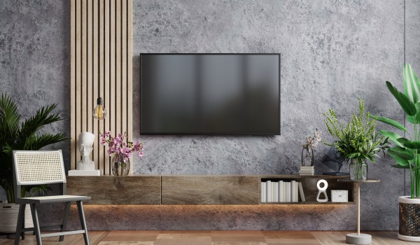 Lames dans l'aménagement de la zone TV — une idée pour un salon moderne