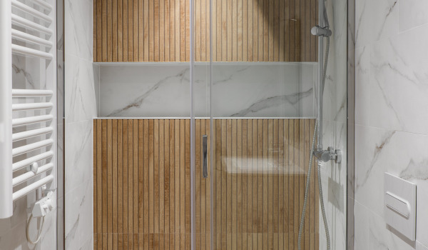 Système de douche encastré dans une petite salle de bain