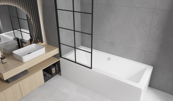 Baignoire rectangulaire avec pare-douche dans un style minimaliste