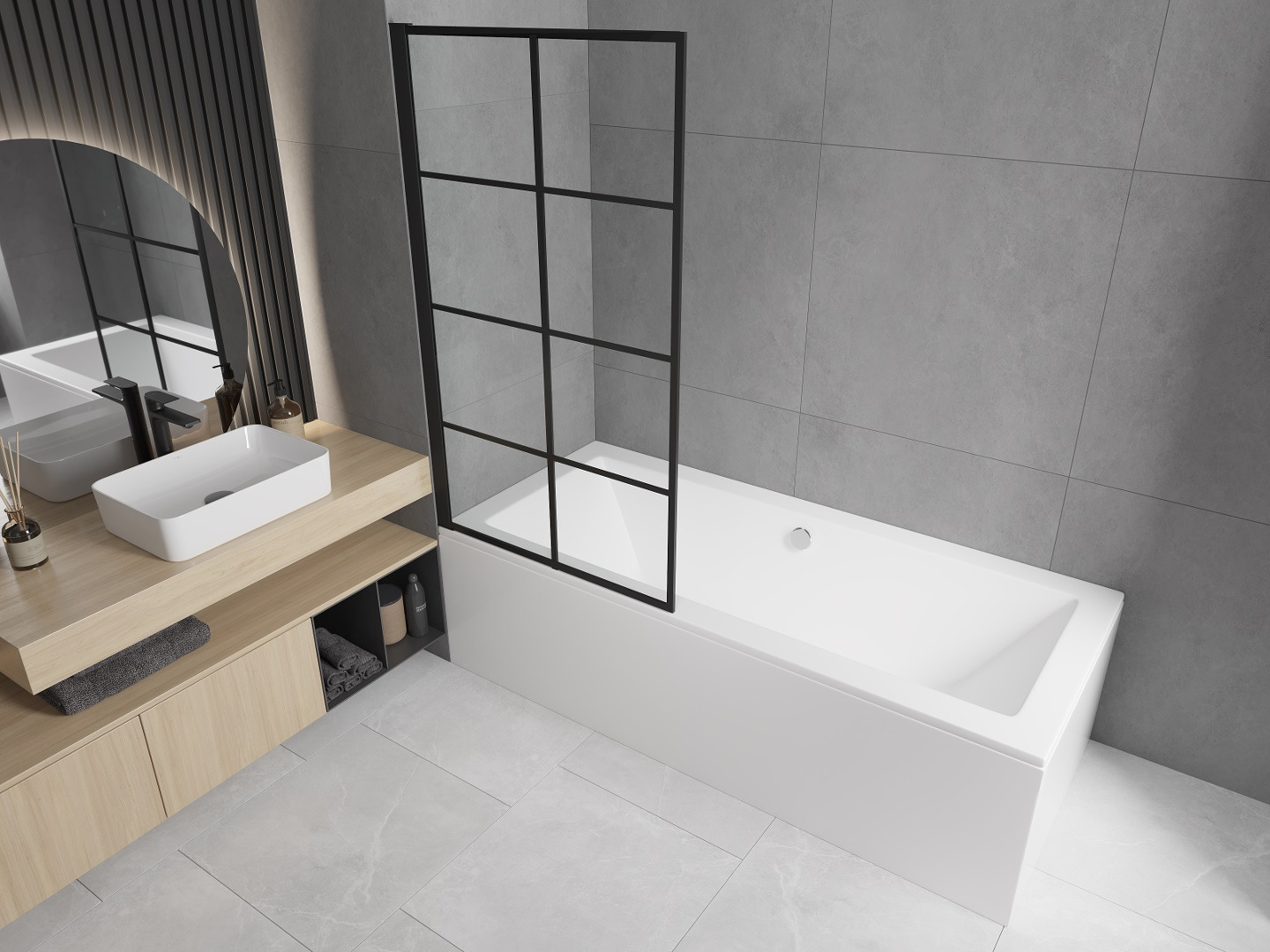 Baignoire rectangulaire avec pare-douche dans un style minimaliste