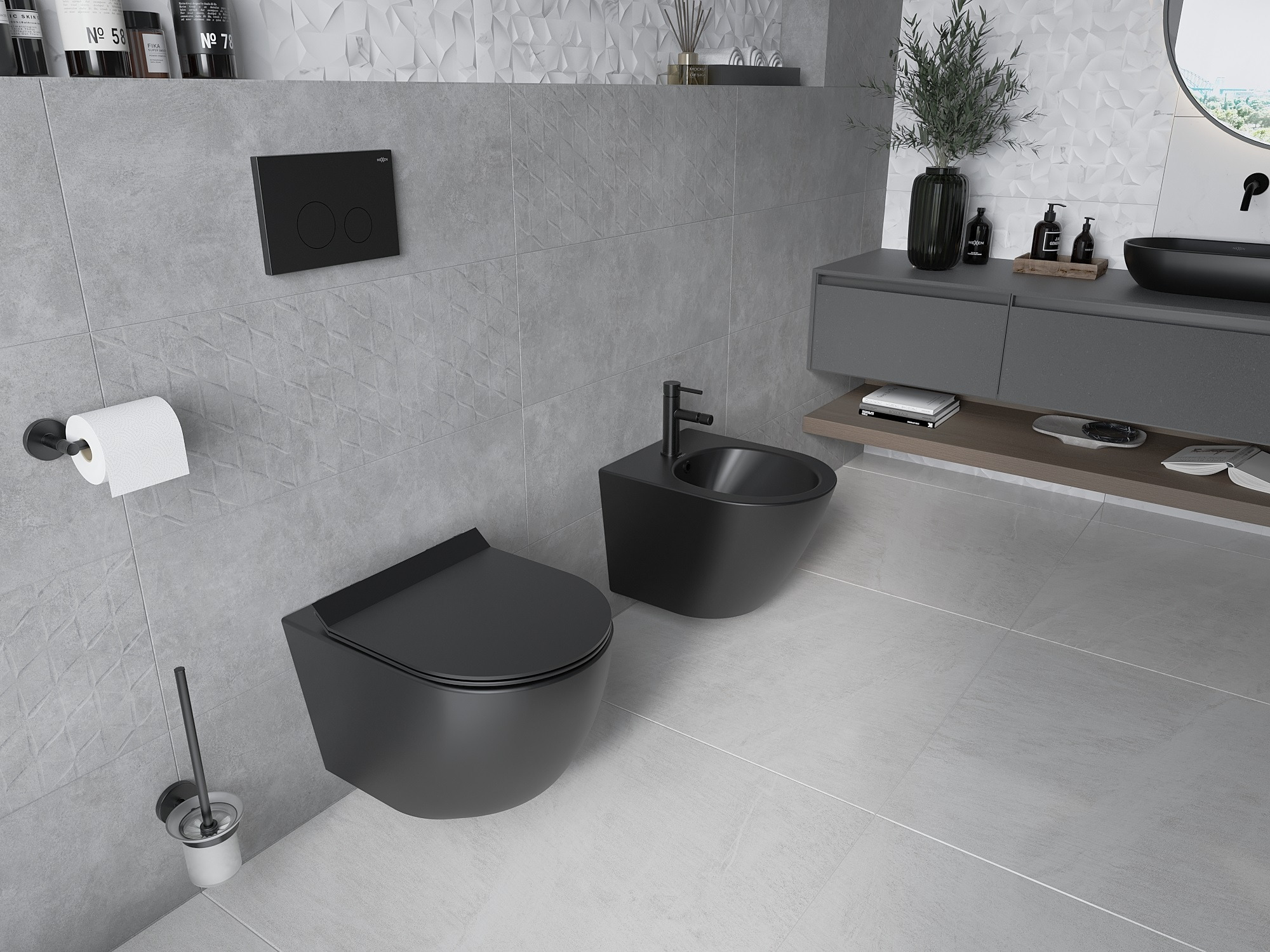 Salle de bain grise associée au noir
