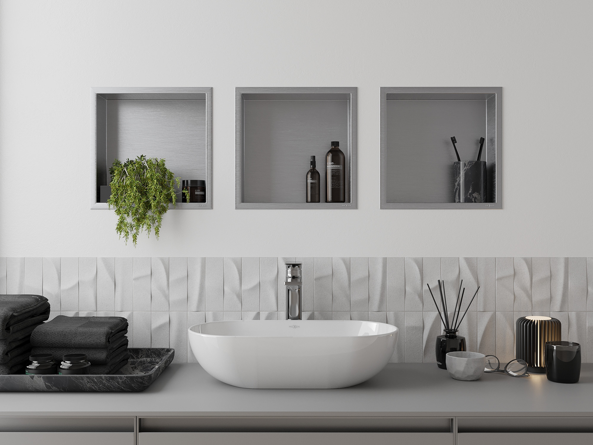 Aménagement moderne de la zone de lavabo avec étagères intégrées