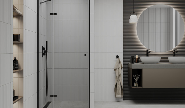 Salle de bain épurée avec portes de douche