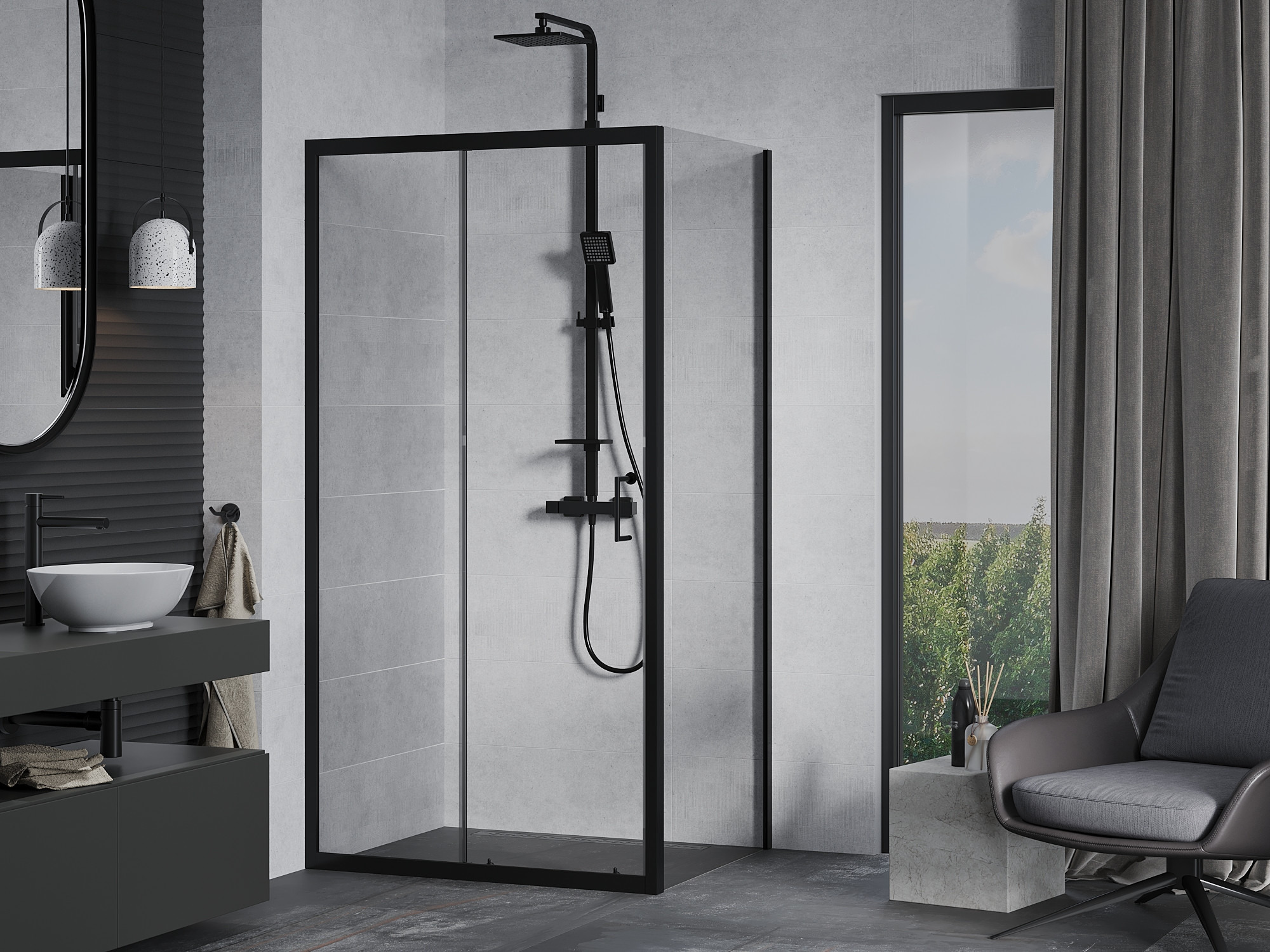 Grijs interieur met zwarte douchecabine