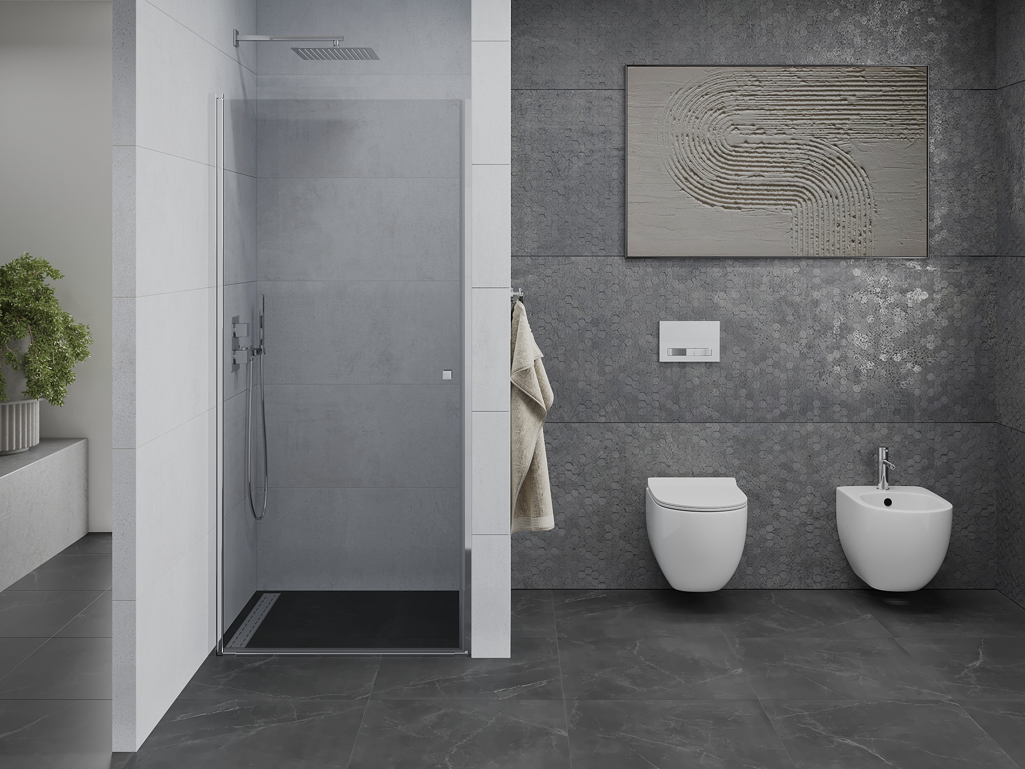 Salle de bain spacieuse avec portes de douche