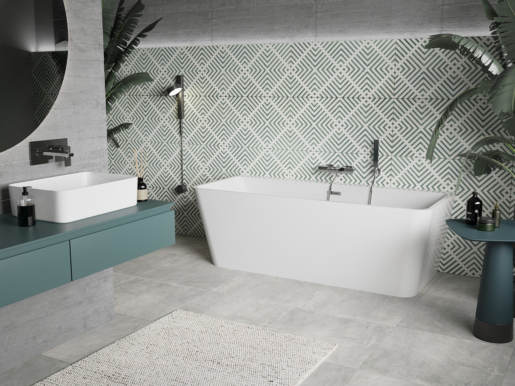 Betonnen badkamer met elementen in boho-stijl
