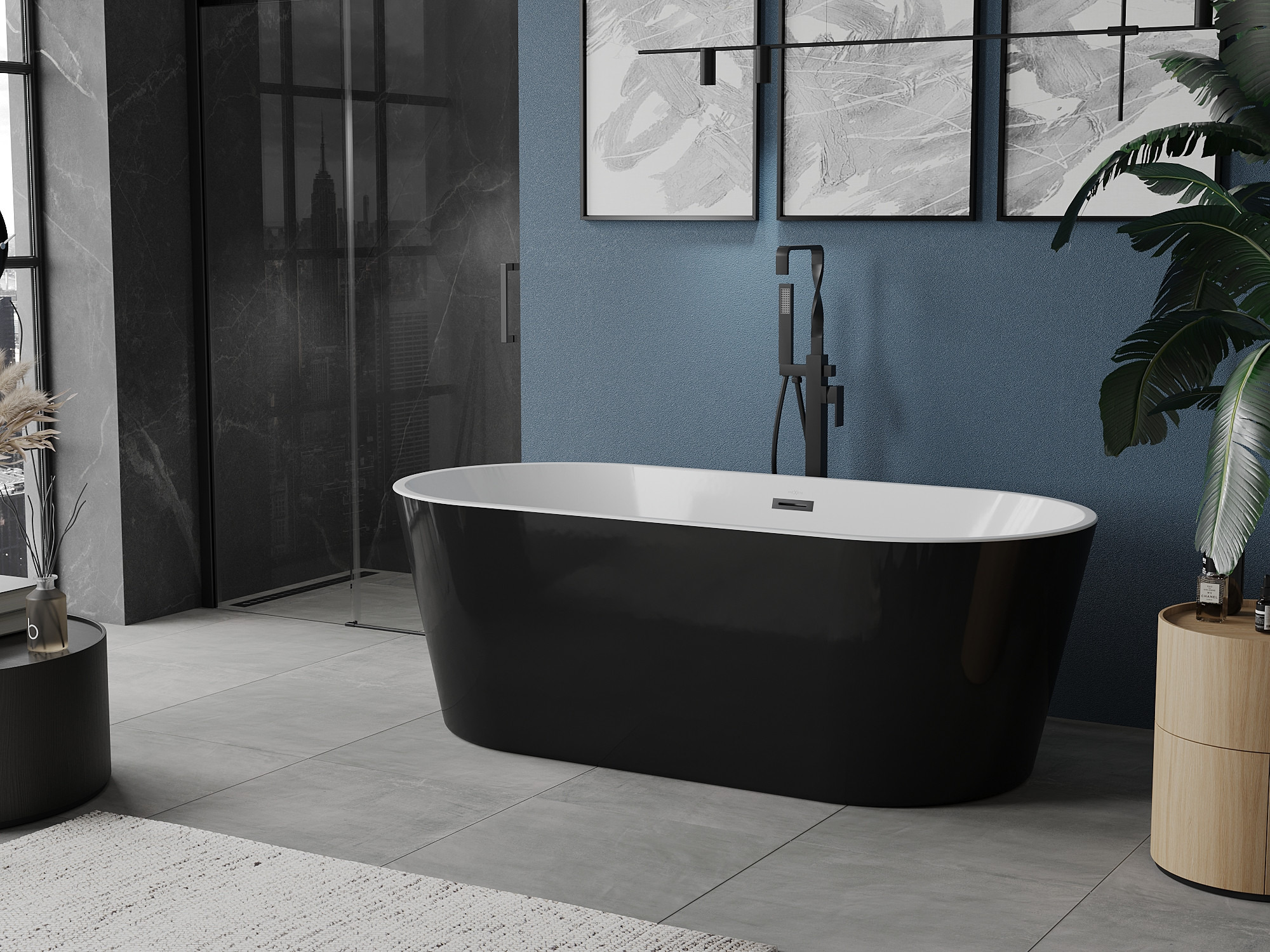 Salle de bain avec un mur bleu marine et des accessoires noirs