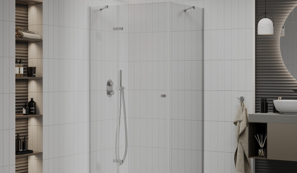 Salle de bain confortable : combinaison de murs beiges et de cabine de douche