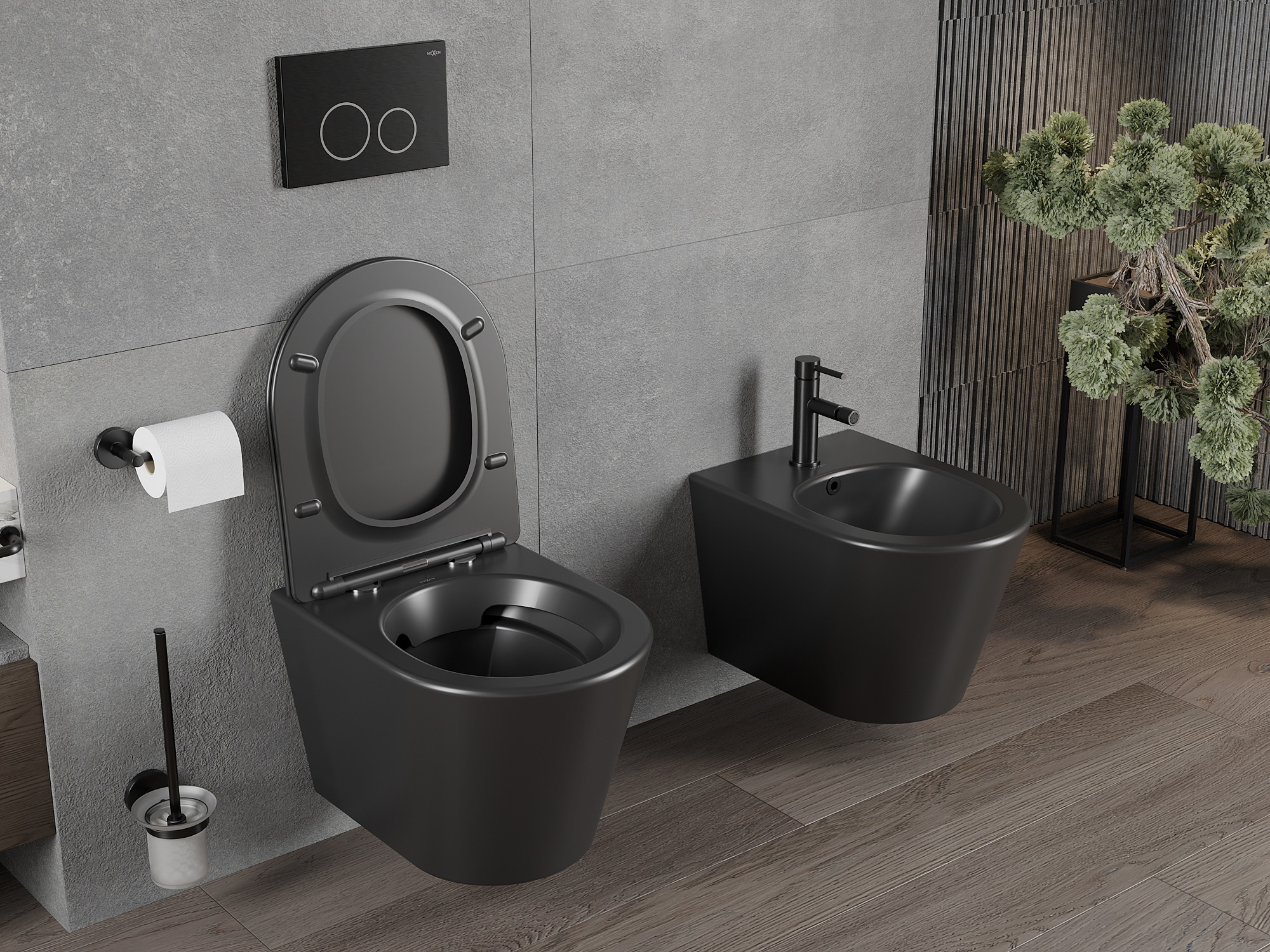 Grijs en hout in de badkamer met moderne armaturen